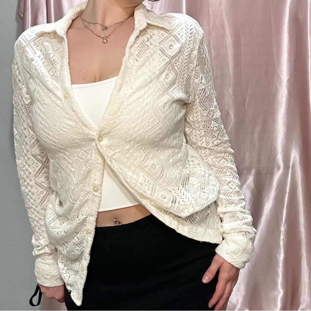 Zara Cream Lace Button Down Shirt